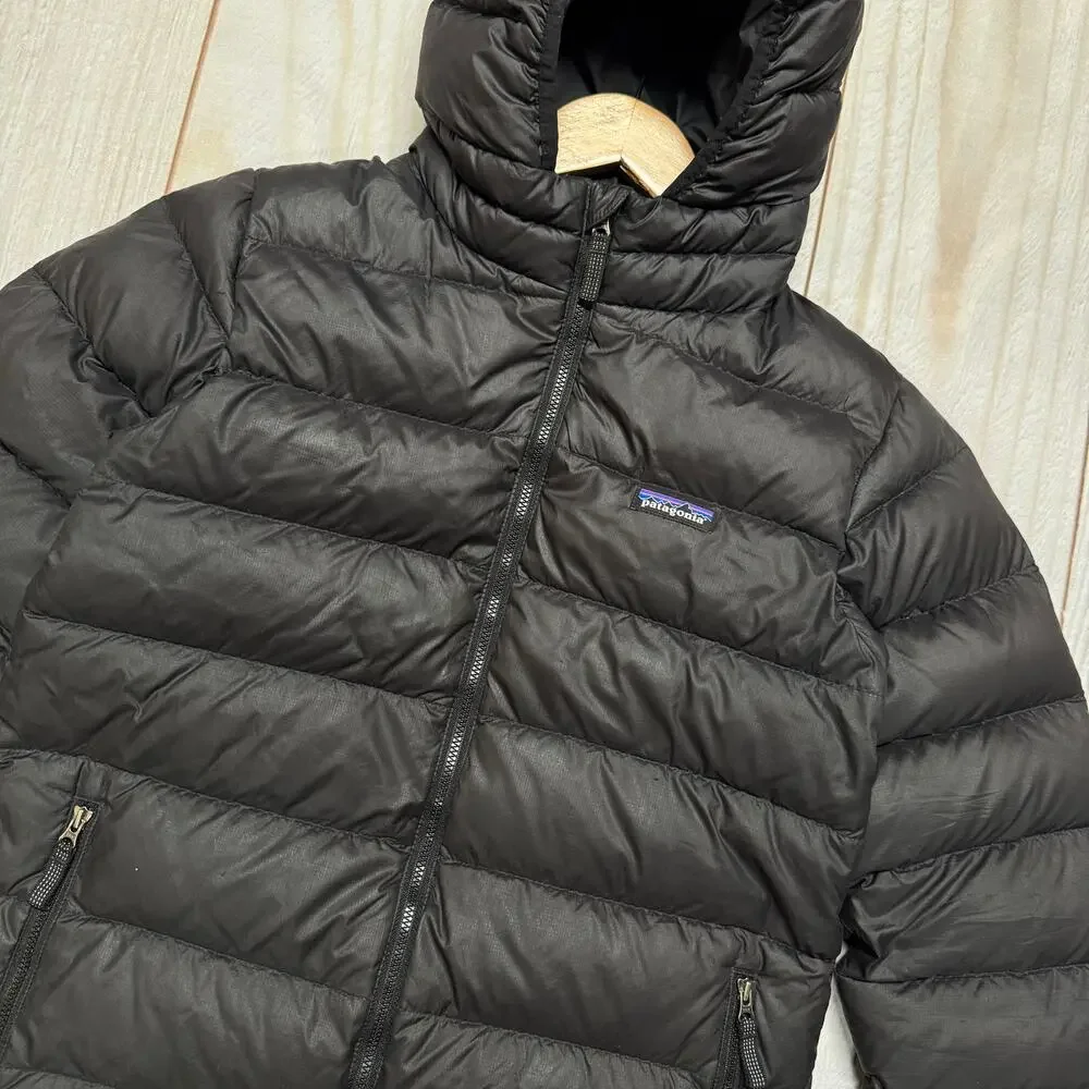 Patagonia Boys L 12 Hi-Loft Duck Down Sweater Hoody 700 Fill Jacket Black